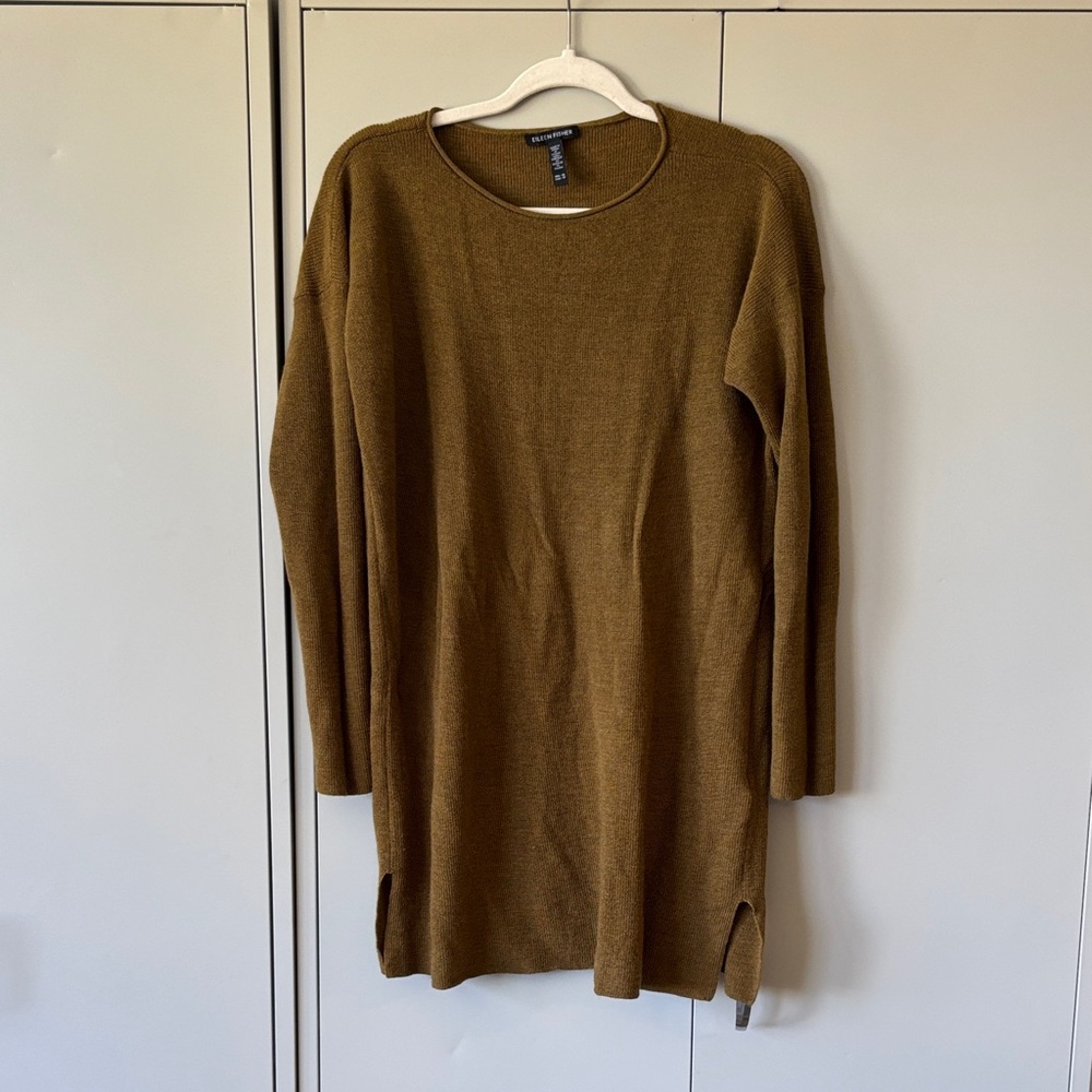 Eileen fisher merino wool sweater tunic XS olive green tan brown long sleeve
